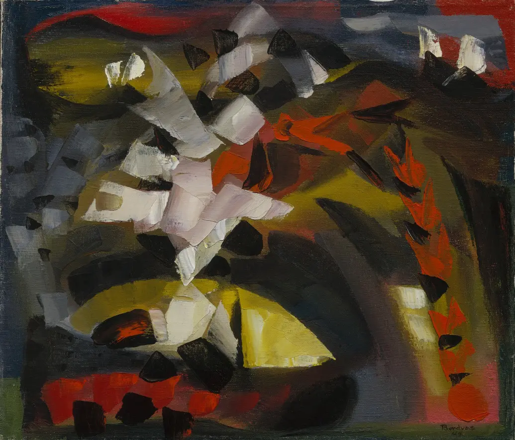 A photograph of an abstract painting with strokes of red, white, yellow and red.