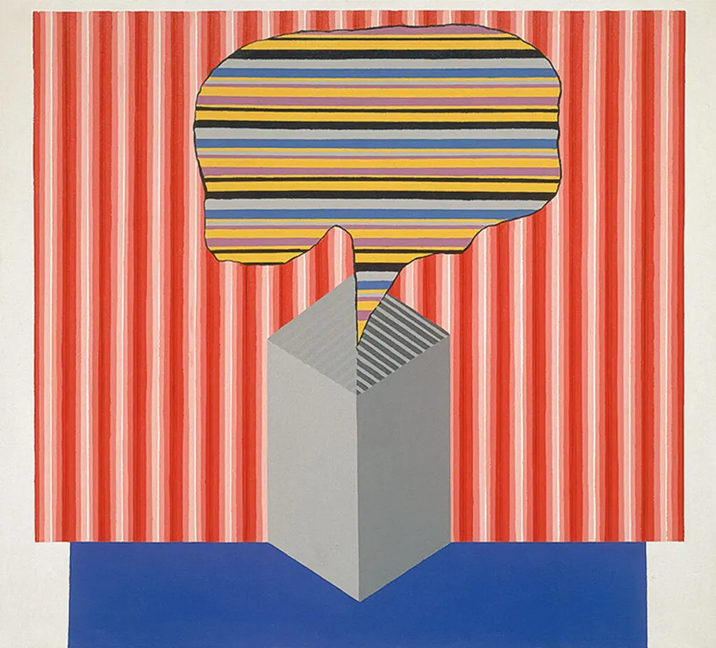A photograph of an artwork by Michael Morris. The artwork has a backdrop of red stripes with a blue floor. There is a striped, multi-coloured speech bubble on a plinth at the centre of the image.