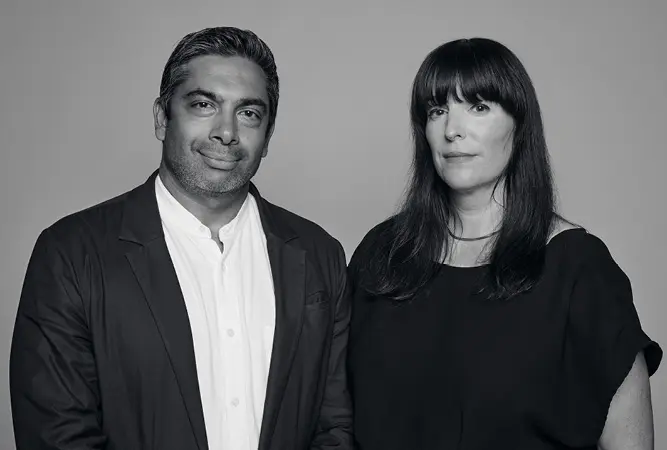 Headshot in black and white of Sirish Rao, man on the left, and Eva Respini, woman on the right.