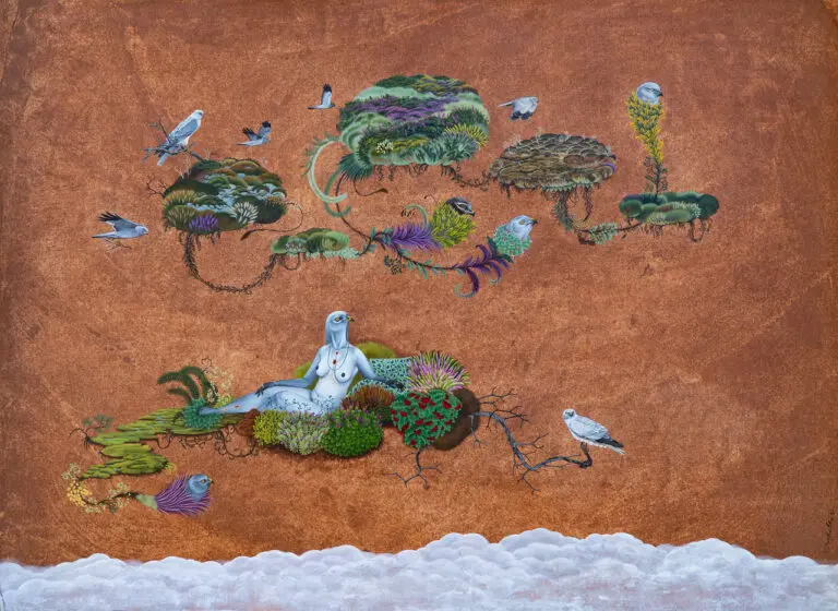A photograph of a watercolour painting with trees and a deity in the middle on a brown, earthen background.