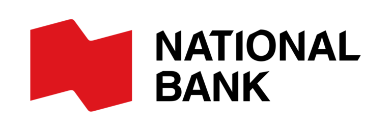 A logo for the National Bank with a red flag on the left and text in all caps in black on the right.