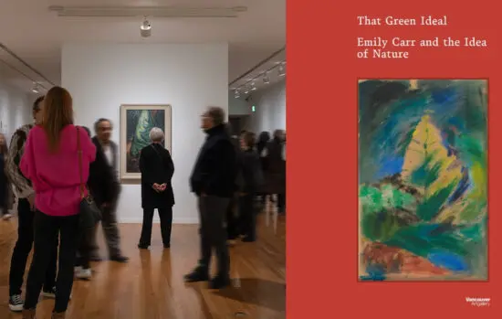 A collage of two photos side by side. On the left, a photograph of a room full of people enjoying art together. At the centre, a woman stands and looks at a painting of a tree by Emily Carr. On the right, a painting of a tree by Emily Carr over a red background with the text, That Green Ideal: Emily Carr and the Idea of Nature.