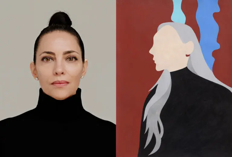 A graphic with two images side by side. On the left is a photograph of a woman from the shoulders up. She is wearing a black turtleneck and has her brown hair up in a high bun. On the right, is a painting of a woman with grey hair and no face in a black turtleneck against a maroon background.