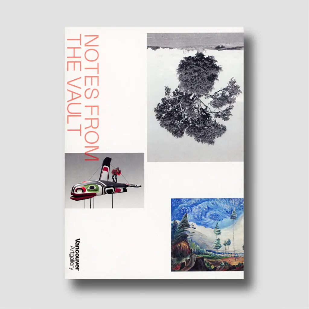 Cover of the Notes from the Vault publication with text in red on the right side and three artworks visible.