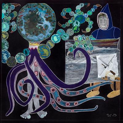 A photograph of a drawing on a black background by Inuk artist Shuvinai Ashoona.