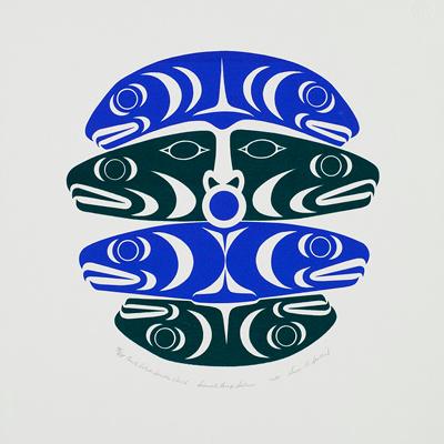 A photograph of a screenprint by Indigenous artist Susan Point. There are 4 salmon heads in blue and green.