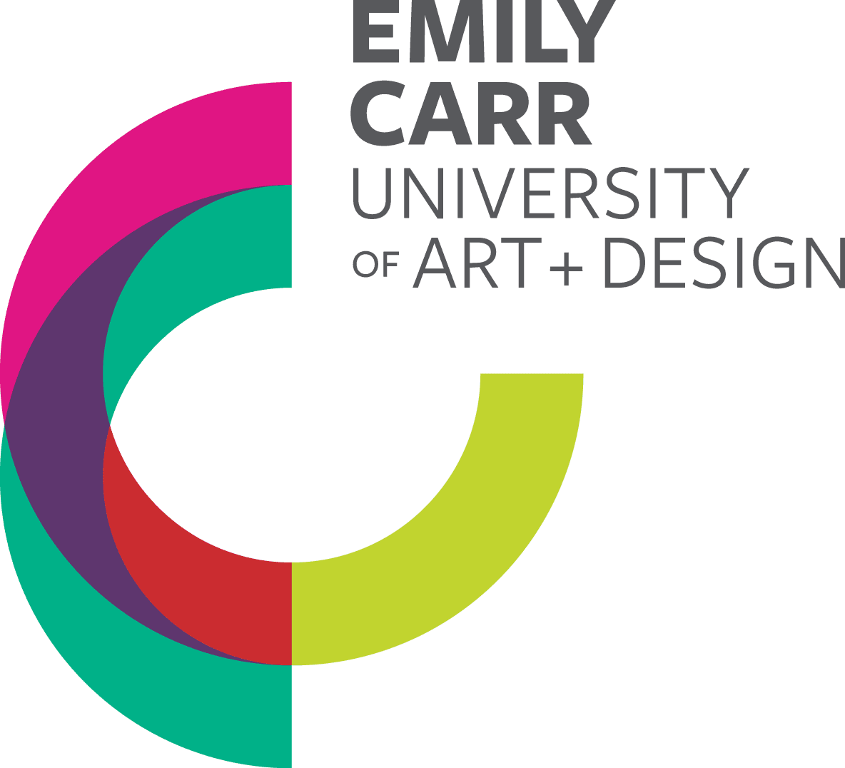 Emily Carr University of Art + Design logo with text in light grey and colourful looking curve in semi-transparent pink, green and lime green