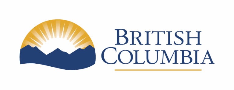Government of British Columbia logo with text and on the left a semi-circle with a blue mountainous range and a sun rise.