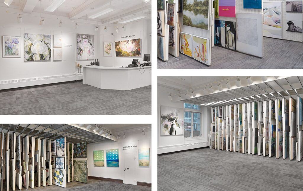 A collage of images of the Art Rental & Sales Showroom