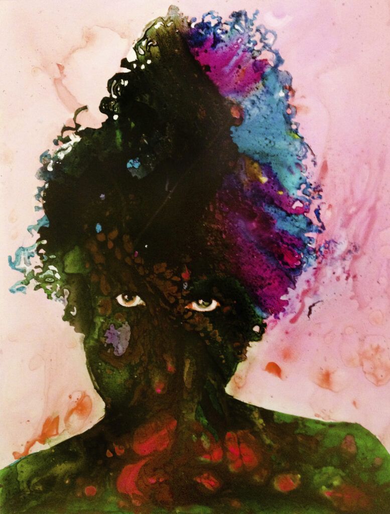 A colourful portrait painting depicting a woman with no features except detailed eyes.
