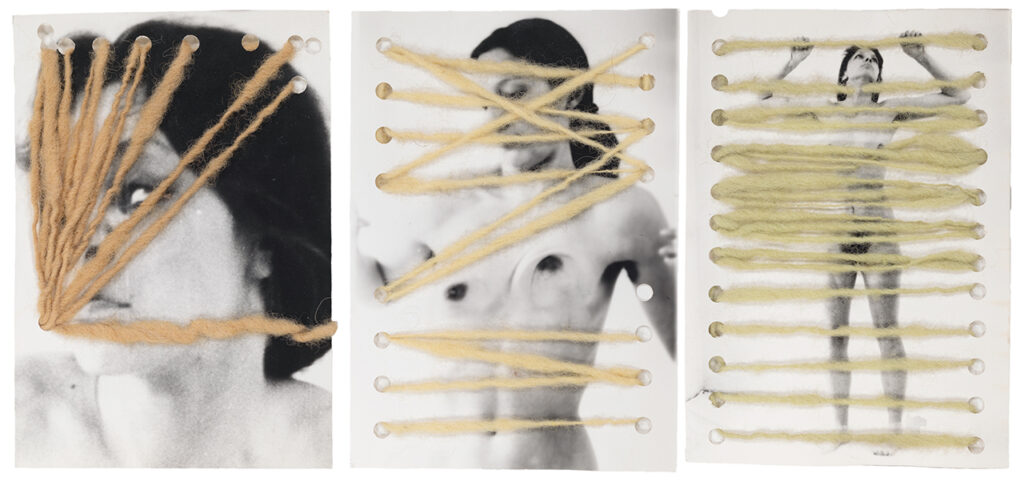 Three photographs side-by-side modified with yarn woven across the photo in lines.