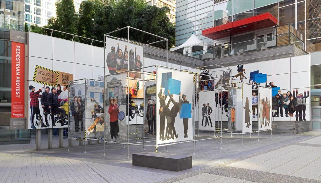 Installation view of Offsite: Evann Siebens + Keith Doyle, Pedestrian Protest, 2021, site-specific installation at Vancouver Art Gallery Offsite, April 9 to October 11, 2021