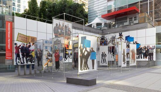 Installation view of Offsite: Evann Siebens + Keith Doyle, Pedestrian Protest, 2021, site-specific installation at Vancouver Art Gallery Offsite, April 9 to October 11, 2021