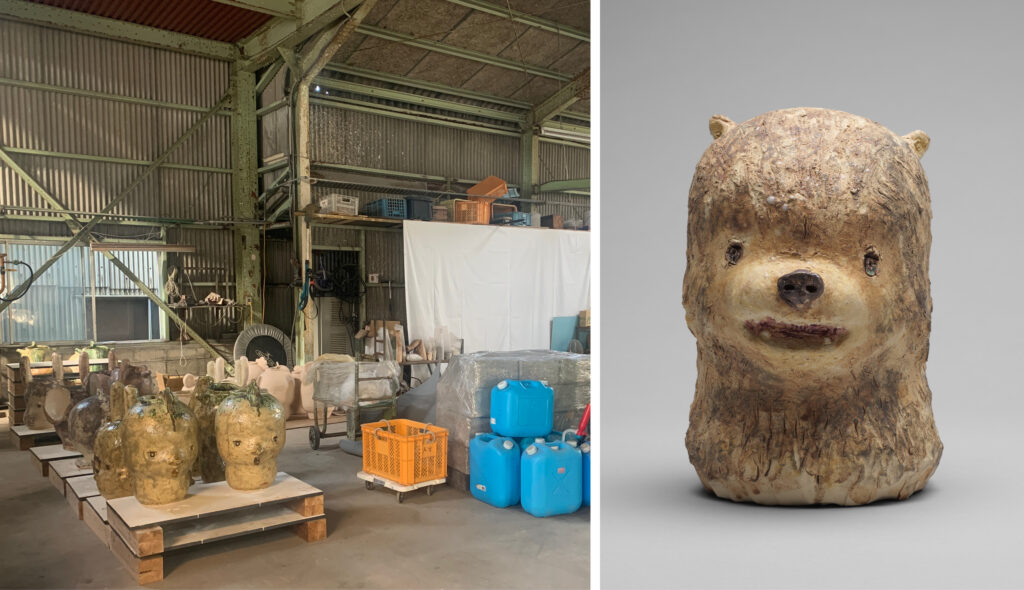 [left] View of Otani Workshop's studio in Japan, situated in an old, converted tile factory. [right] Image of a ceramic bear scultpure by Otani Workshop.