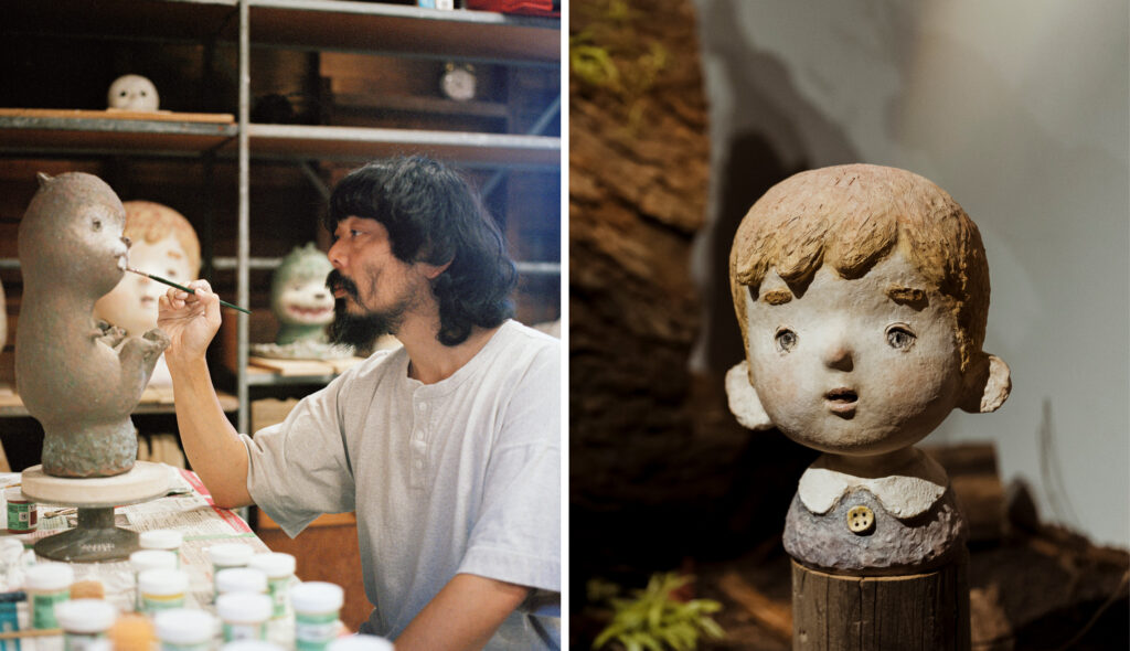 [left] Otani Workshop, a Japanese man with mid-length black hair, uses a paintbrush to add glaze to a clay sculpture of a beaver. He is in the Shadbolt for the Arts studio. [right] Installation view of a Otani Workshop's "A Boy with a Yellow Button," a ceramic sculpture of the head of a young boy with blond hair and big ears wearing a blue shirt with a white collar and one yellow button.