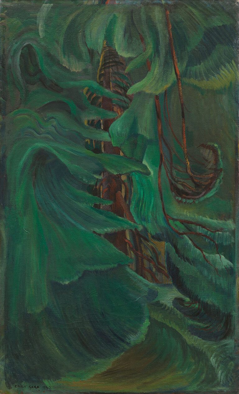 A painting by Emily Carr that looks like an intimate portrait of a tree. It is a detail of the cedar tree trunk being enveloped by foliage