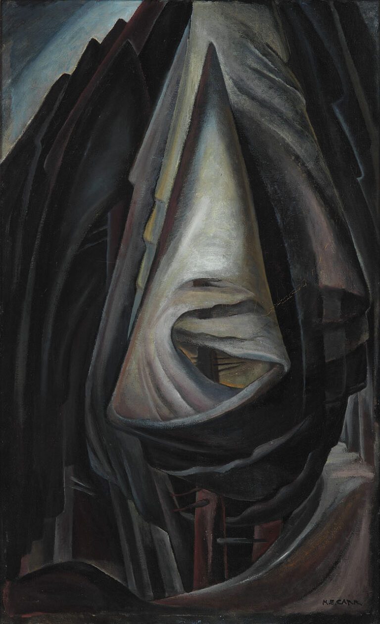 A portrait painting by Emily Carr of a triangular tree in hues of grey and black.