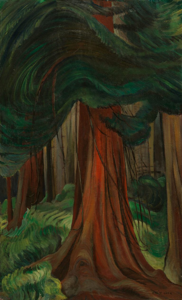 A painting by Emily Carr that looks like an intimate portrait of a tree. It is a detail of the cedar tree trunk at the bottom, and at the top we see foliage.