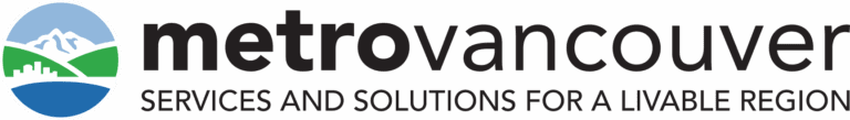 Metro Vancouver logo with a circle on the left in blues and green of water and a mountain, and then text on the right that reads "metro vancouver" above and "services and solutions for a livable region" below