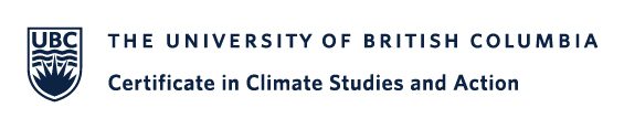 Logo with text: The University of British Columbia Certificate in Climate Studies and Action with the UBC shied on the left.