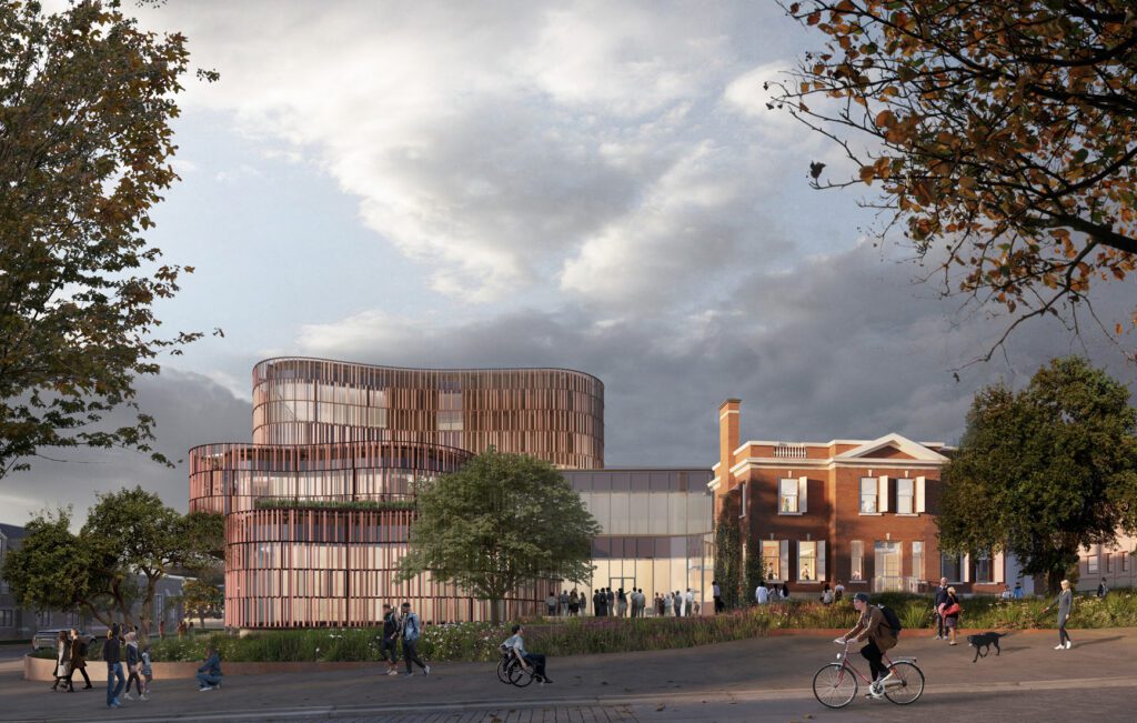 A rendering for a reimagining of the Agnes Etherington Art Centre, showing the existing, red heritage building next to a larger, more modern building with a unique pattern on the facade.