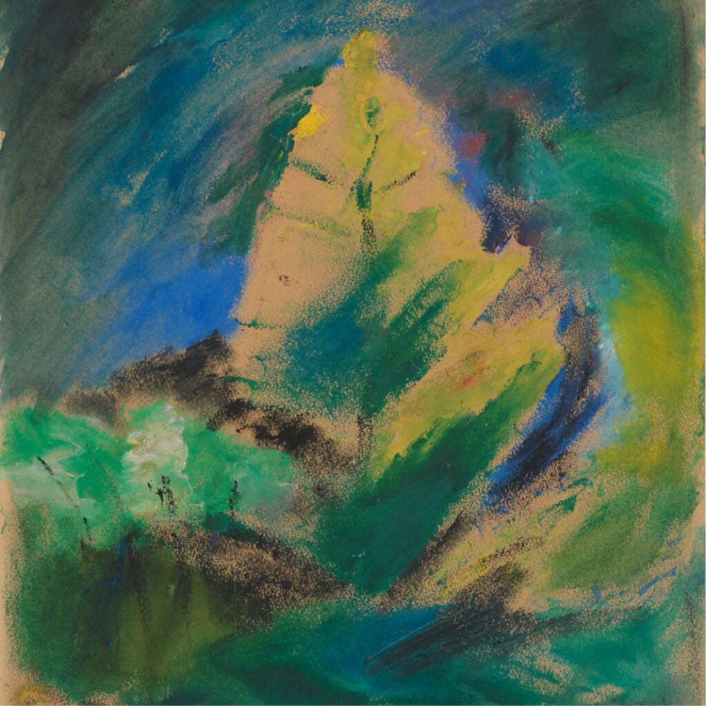 A square crop of a vertical oil painting by Emily Carr in a quick, sketch-like style of a single tree in the landscape. There are many shades of green and blues and browns used.