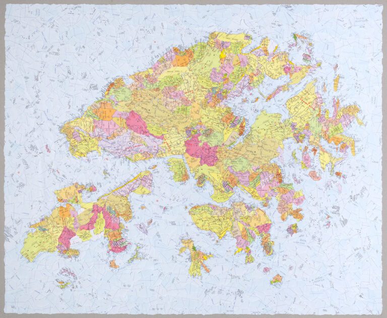Image of an artwork featuring a collaged map of the world.