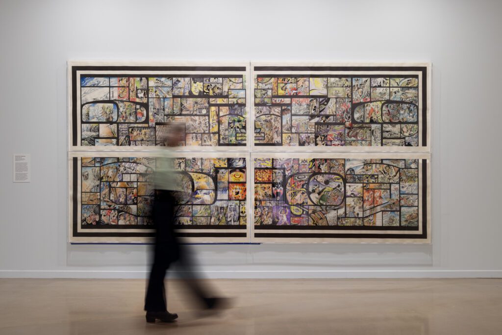 Installation view of Michael Nicoll Yahgulanaas' watercolour and ink work titled Clan Hat, 2021–25, in the exhibition "We who have known tides: Indigenous Art from the Collection.