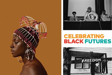 A banner image compilation including a photograph of a black woman's neck and head in profile wearing a headdress on a mustard yellow background; a black-and-white photograph of a man standing at a table speaking into a mic in the top right; and a photograhpy by Tamio Wakayama in the bottom right of a Freedom School in the American South with a burned cross in the front with the text Freedom painted on it in white