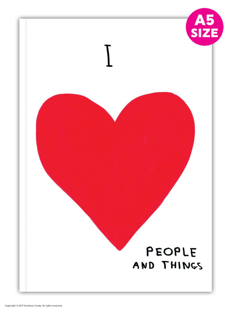 A product photograph of a white notebook with a large red heart and "I heart people and things" written on it.