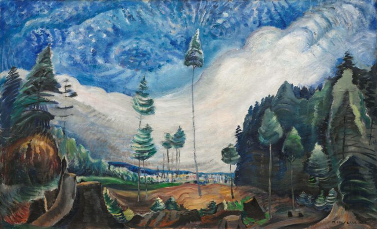 A photograph of a painting by Emily Carr. The oil on canvas depicts a forest landscape that has been depleted by logging. On the edges we see large forests with many trees, but at the centre of the image we see just a few spindly trees left amidst cut down stumps.