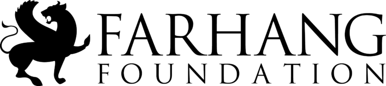 A logo with a phoenix on the left in black and the text Farhang Foundation in all caps stacked on the right.
