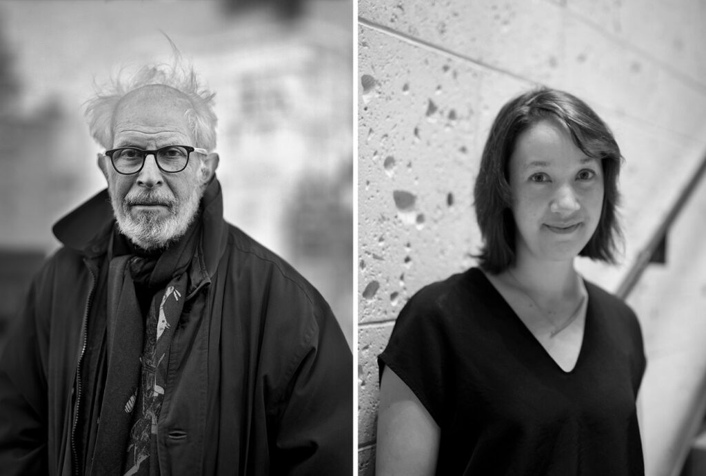 A graphic compilation featuring two black-and-white photographs. On the left, there is an older man with glasses in a dark coat. On the right is a young woman in a black v-neck t-shirt.