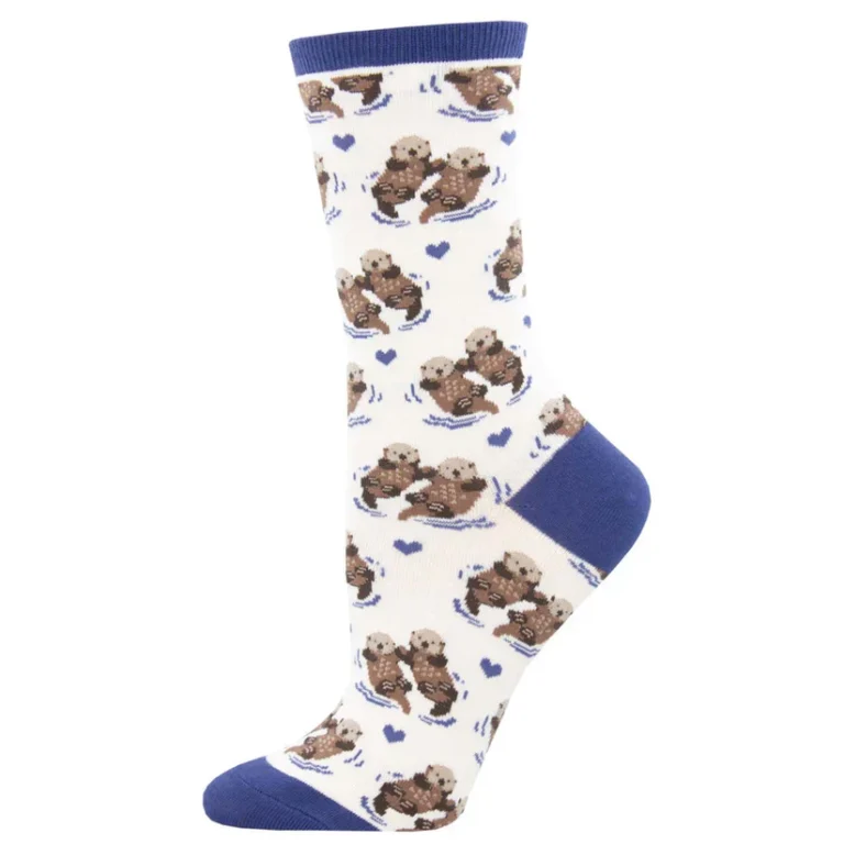 A product photo of socks with otters on them and blue highlights on the ankle, toe and heel