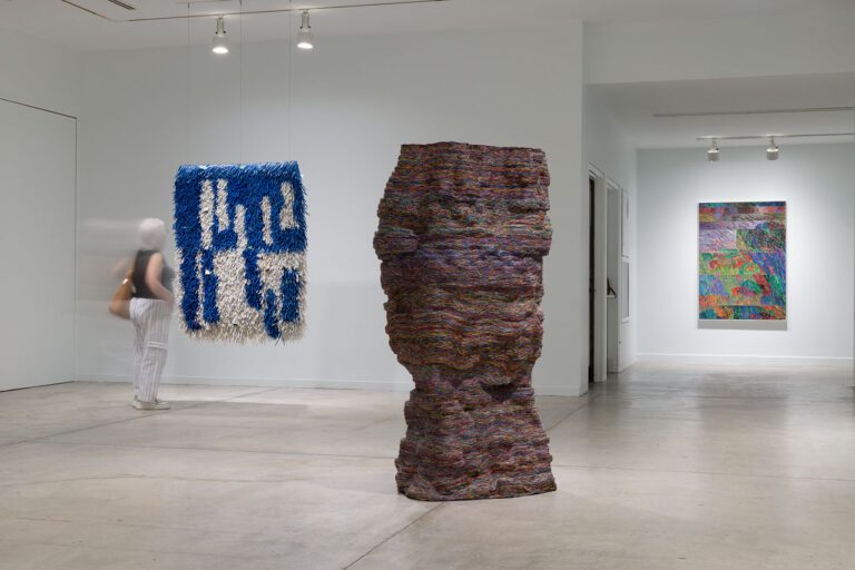 Installation view of 3 artworks by Emily Hermant in the exhibition Vancouver Now! On the left, a blurred woman also stands and looks at a blue and white work that looks like a hanging tapestry.