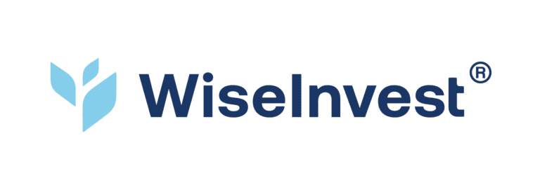 The logo graphic for WiseInvest. On the left is an icon in light blue that looks like a budding flower with two petals. On the right in the text WiseInvest in dark blue.