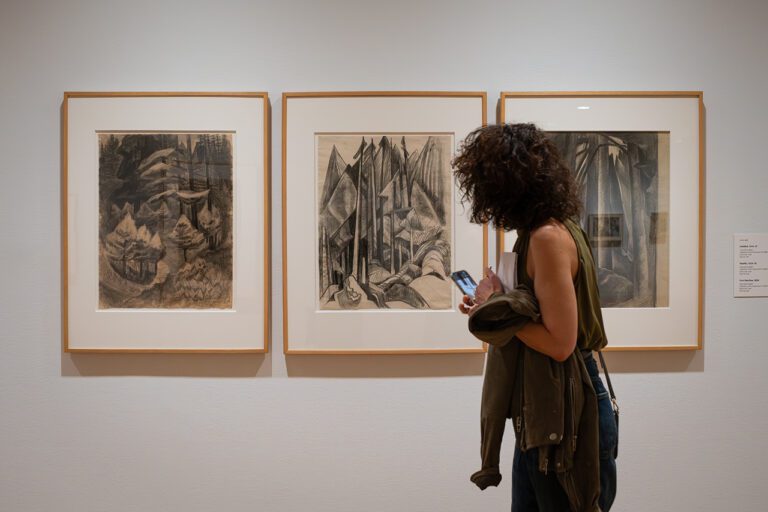 A photograph of a woman from the side looking at 3 charcoal drawings of forest scenes by Emily Carr, hanging on a white gallery wall.