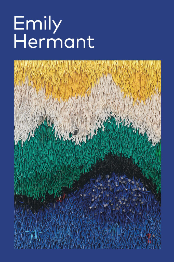 Cover of a booklet produced to accompany the Vancouver Now! Emily Hermant exhibition. The cover is blue with the text "Emily Hermant" left aligned in the top left. Below is a photograph detail of one of Emily Hermant's hanging artworks in yellow, white, green, black and blue stripes that looks like a tapestry, but is actually made up of cables.
