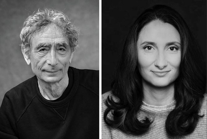 A black-and-white, side-by-side portrait composition showing two individuals from the shoulders up. The left image features a person with short, curly hair wearing a dark, casual top against a softly textured background. The right image shows a person with longer, wavy hair wearing a light, knit top against a darker background. The lighting is even and studio-style, emphasizing contrast and texture in hair and clothing.