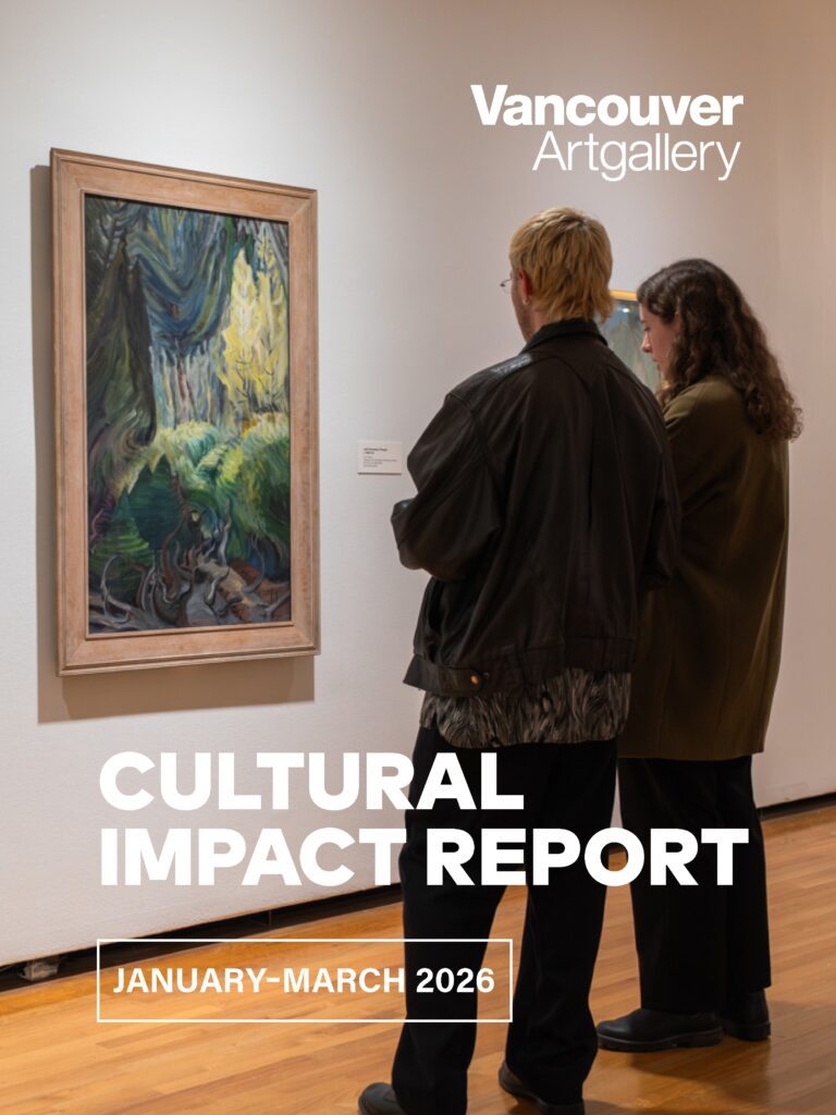 The cover of the Gallery's January to March 2026 Cultural Impact Report. This text and Gallery logo appears in white on top of a photograph of two people-a young man and woman-looking at a painting of the forest by Emily Carr.