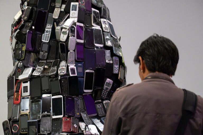 A photograph of a person from behind from the shoulders up. They are looking at a sculpture made up of old cell phone waste.