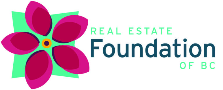 The logo for the Real Estate Foundation of BC. On the left is a graphic of a pink flower overlaid on a light green square. On the right is the foundation's name in green and black.