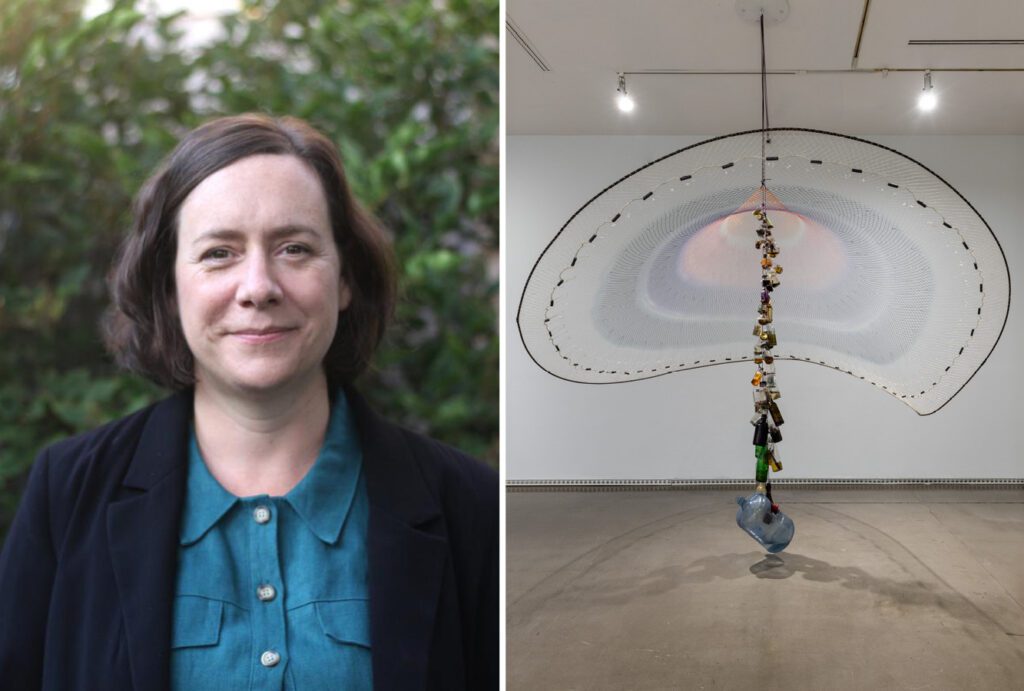 Two photographs side by side and separated by a white line. On the left, there is a headshot of a woman with short brown hair from the bust up. She is wearing a black blazer over a teal button-up shirt. There is a bush blurred behind her. On the right, there is an image of a sculptural installation made out of a fishing net with bottles hanging from the centre. Each bottle contains water.