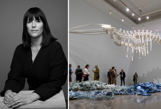 Two photos side by side. On the left is a black-and-white headshot of Eva Respini, a woman with shoulder length brown hair and bangs. She is wearing a black shirt and has her hands in front of her. On the right is a photo of a Gallery room featuring a large whale skeleton made out of white plastic chairs. There are people in the room looking up in awe at the work. On the floor, there is another installation that recalls the ocean made up of painted blue plastic bottles.