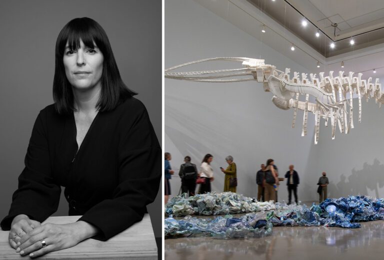 Two photos side by side. On the left is a black-and-white headshot of Eva Respini, a woman with shoulder length brown hair and bangs. She is wearing a black shirt and has her hands in front of her. On the right is a photo of a Gallery room featuring a large whale skeleton made out of white plastic chairs. There are people in the room looking up in awe at the work. On the floor, there is another installation that recalls the ocean made up of painted blue plastic bottles.