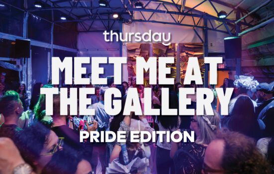 A photograph of a dance party at the Gallery, overlaid with the text in white: Thursday / Meet Me at the Gallery / Pride Edition.