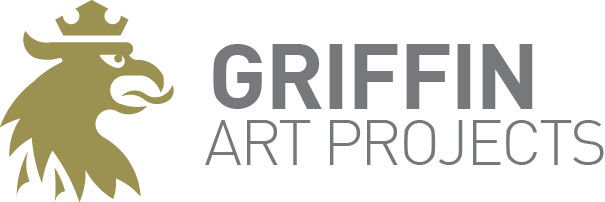 Griffin Art Projects logo in grey and gold. On the left is a graphic of the head of a griffin. On the right is the organization's name.