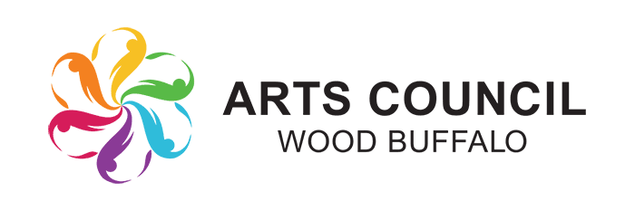 A graphic logo for the Arts Council Wood Buffalo. On the left is a multi-coloured graphic element.