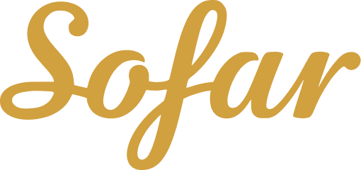 A graphic logo for Sofar Sounds, featuring the text "Sofar" in golden yellow cursive lettering.