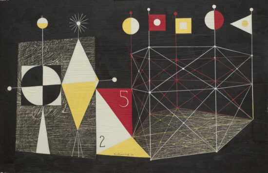A photograph of an abstract painting by artist B.C. Binning. The background of the work is black, and then on top are lines and shapes in white, yellow, red and black.